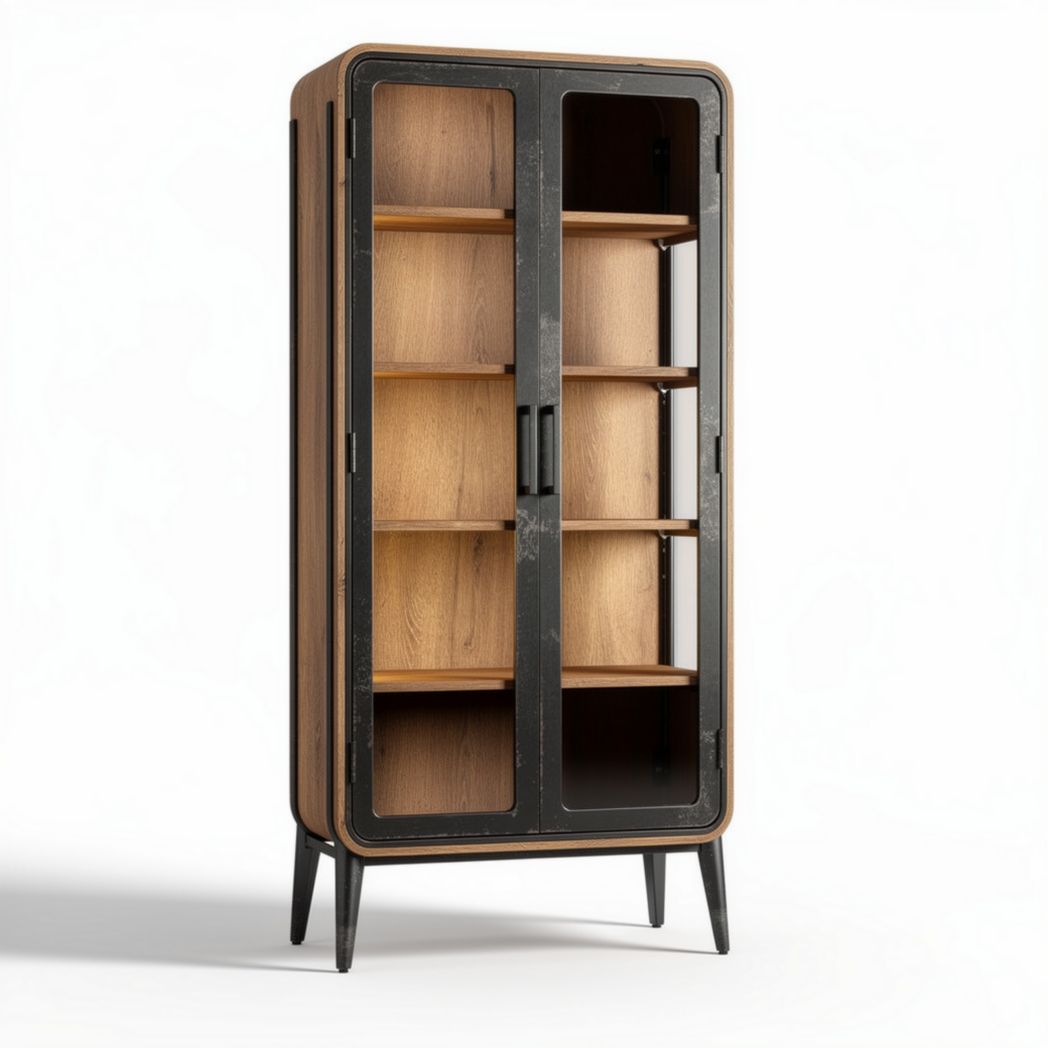 Vitrine aus holz und metall mit doppeltüren und sechs fächern 80 x 40 x 180cm