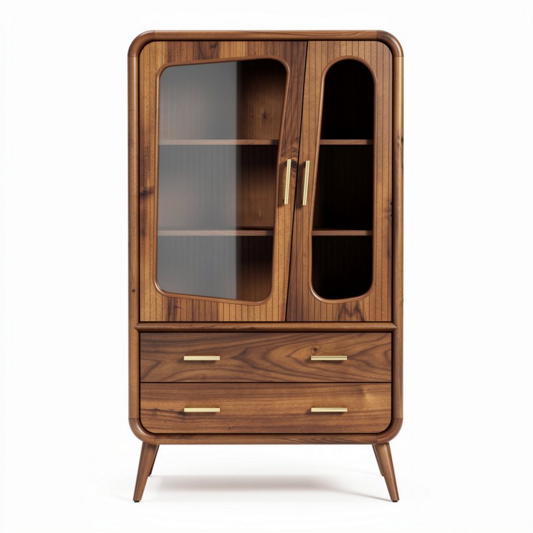 Vitrine aus walnussbaum mit zwei glastüren und zwei schubladen 80 x 40 x 150cm