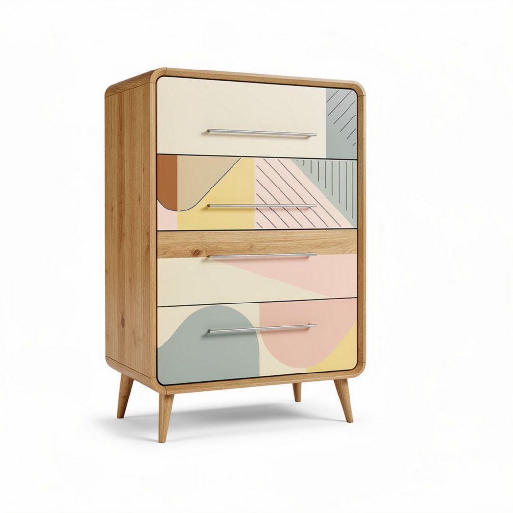 Schrank mit vier schubladen aus holz mit farbigen geometrischen mustern 80 x 45 x 100cm
